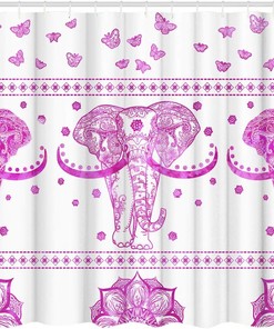 Cute Animal Sitting on Tree Branch Shower Curtain Kids Bathroom Decor Elephant and Cat Fabric Curtain