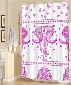 Cute Animal Sitting on Tree Branch Shower Curtain Kids Bathroom Decor Elephant and Cat Fabric Curtain