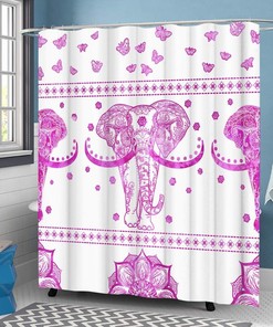 Cute Animal Sitting on Tree Branch Shower Curtain Kids Bathroom Decor Elephant and Cat Fabric Curtain