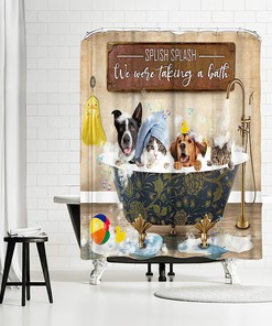 Cute Animals Dog And Cat Bathing In Bathtub Vintage Shower Curtain - Funny And Amusing Bathroom Decor