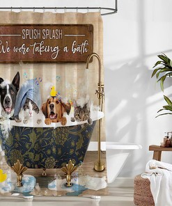 Cute Animals Dog And Cat Bathing In Bathtub Vintage Shower Curtain - Funny And Amusing Bathroom Decor
