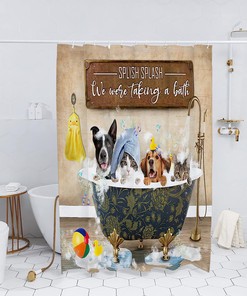 Cute Animals Dog And Cat Bathing In Bathtub Vintage Shower Curtain - Funny And Amusing Bathroom Decor