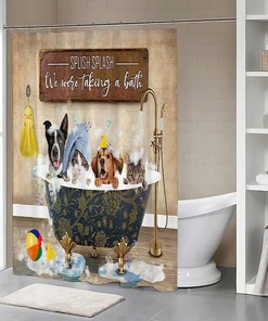Cute Animals Dog And Cat Bathing In Bathtub Vintage Shower Curtain - Funny And Amusing Bathroom Decor