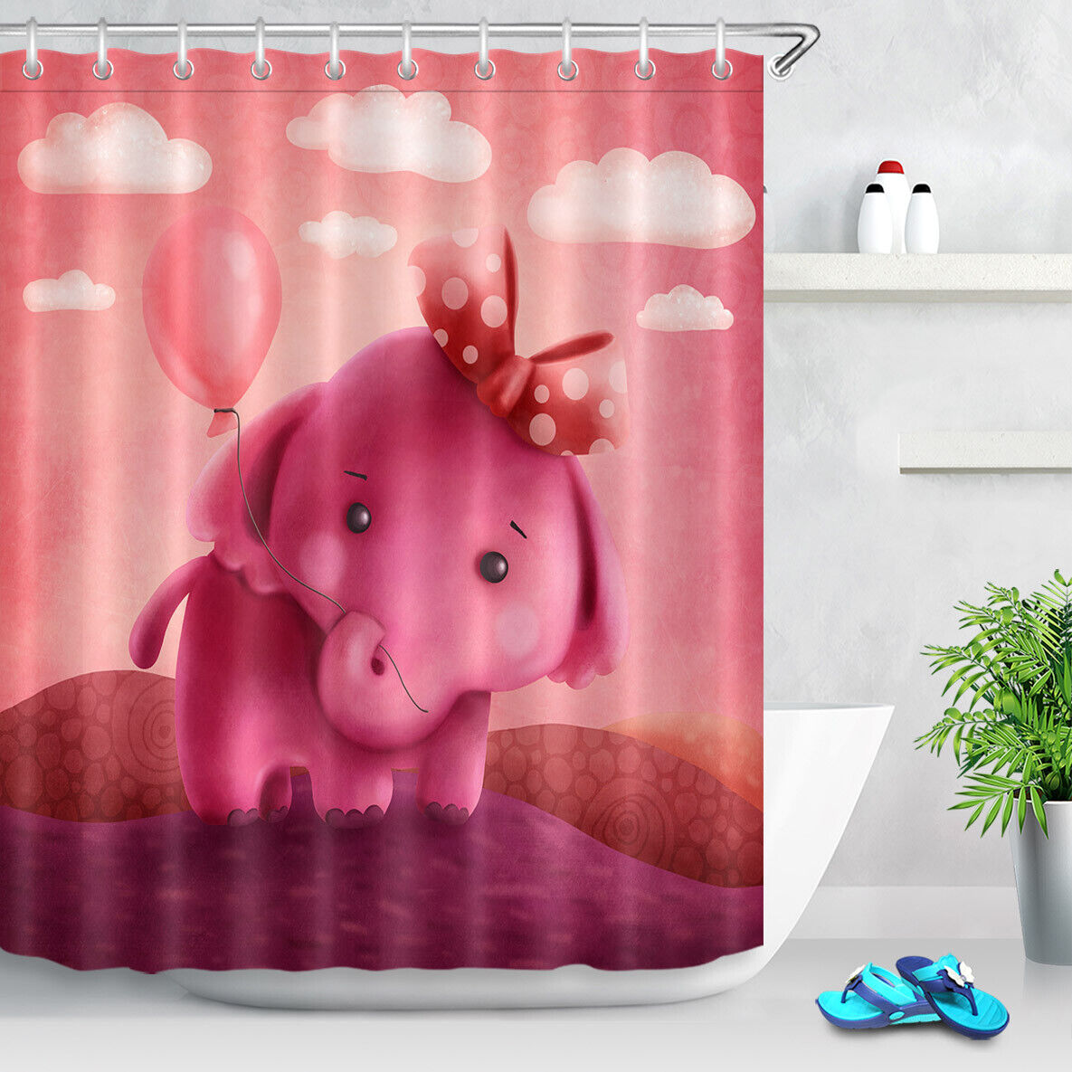 Cute Animals Elephant Pink Waterproof Fabric Shower Curtain for a Cute and Cozy Bathroom