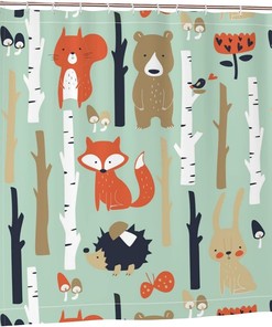 Cute Animals Shower Curtain With Fox Bear Bird Bunny Tree Print