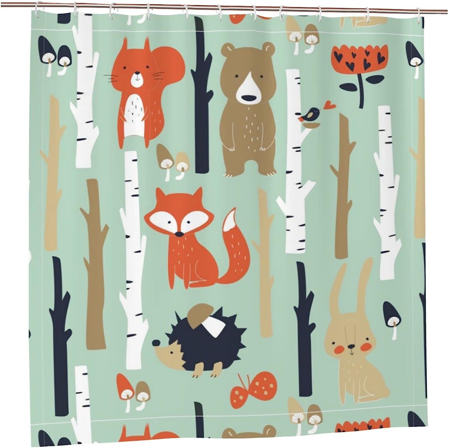 Cute Animals Shower Curtain With Fox Bear Bird Bunny Tree Print