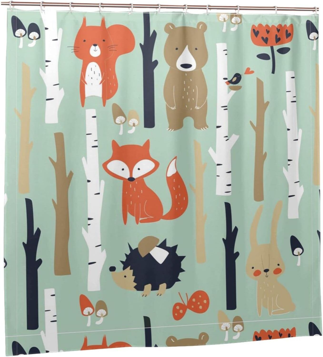 Cute Animals Shower Curtain With Fox Bear Bird Bunny Tree Print - Image 2