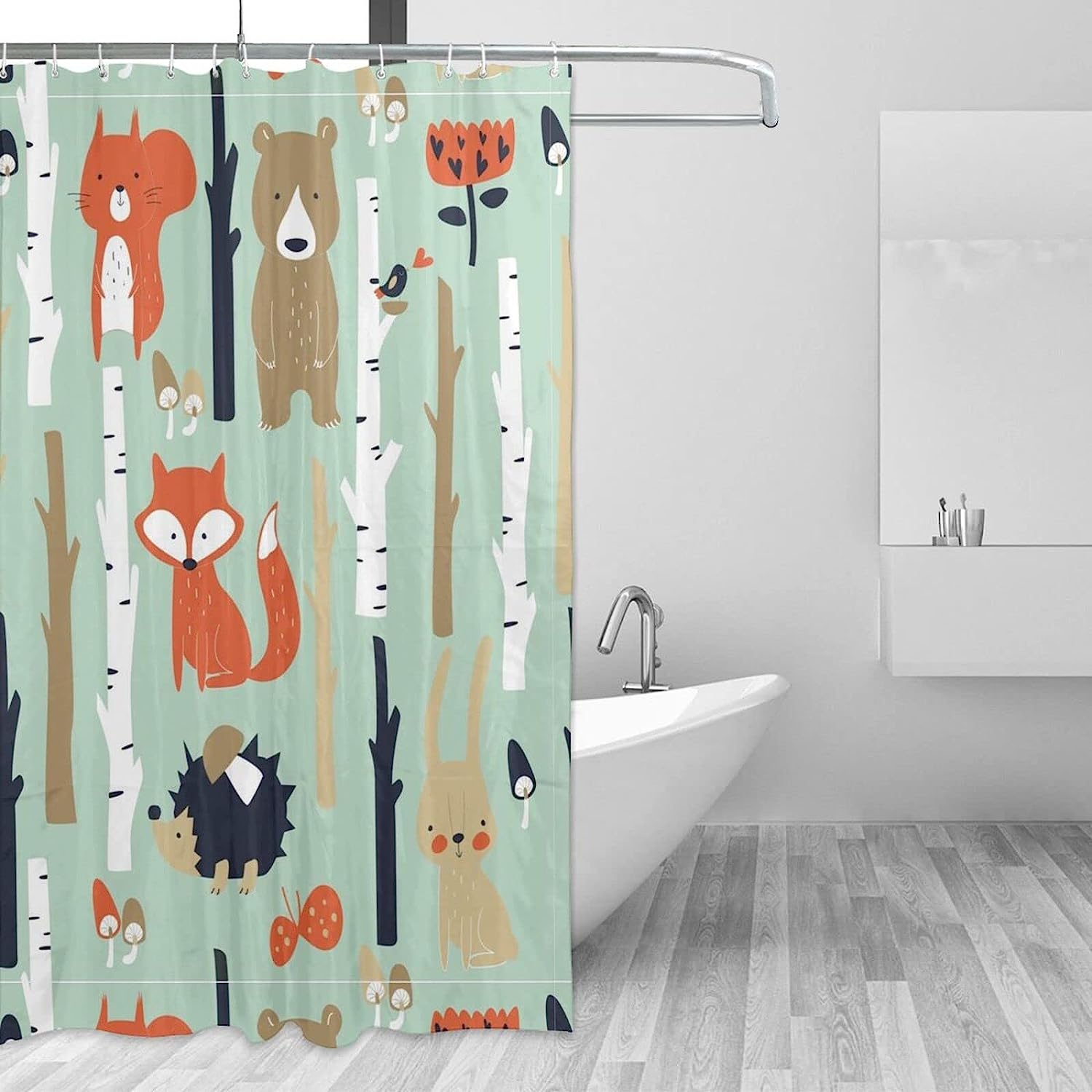Cute Animals Shower Curtain With Fox Bear Bird Bunny Tree Print - Image 3