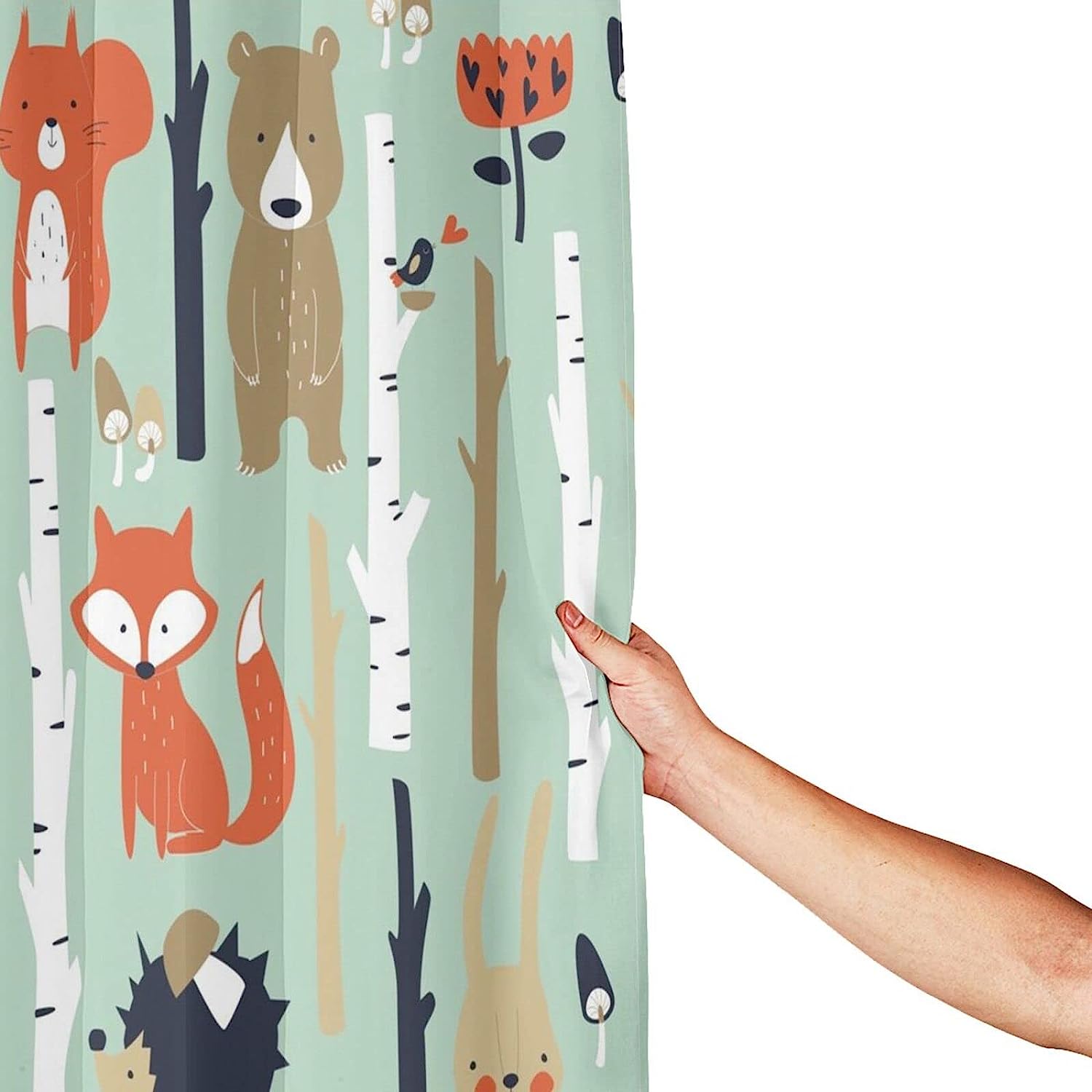 Cute Animals Shower Curtain With Fox Bear Bird Bunny Tree Print - Image 4