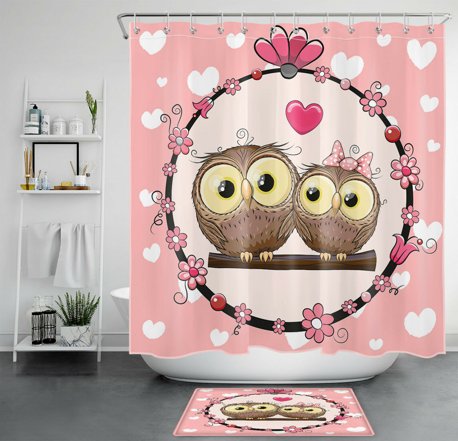 Cute Animals and Owls with Flowers Shower Curtain for Bathroom Decor
