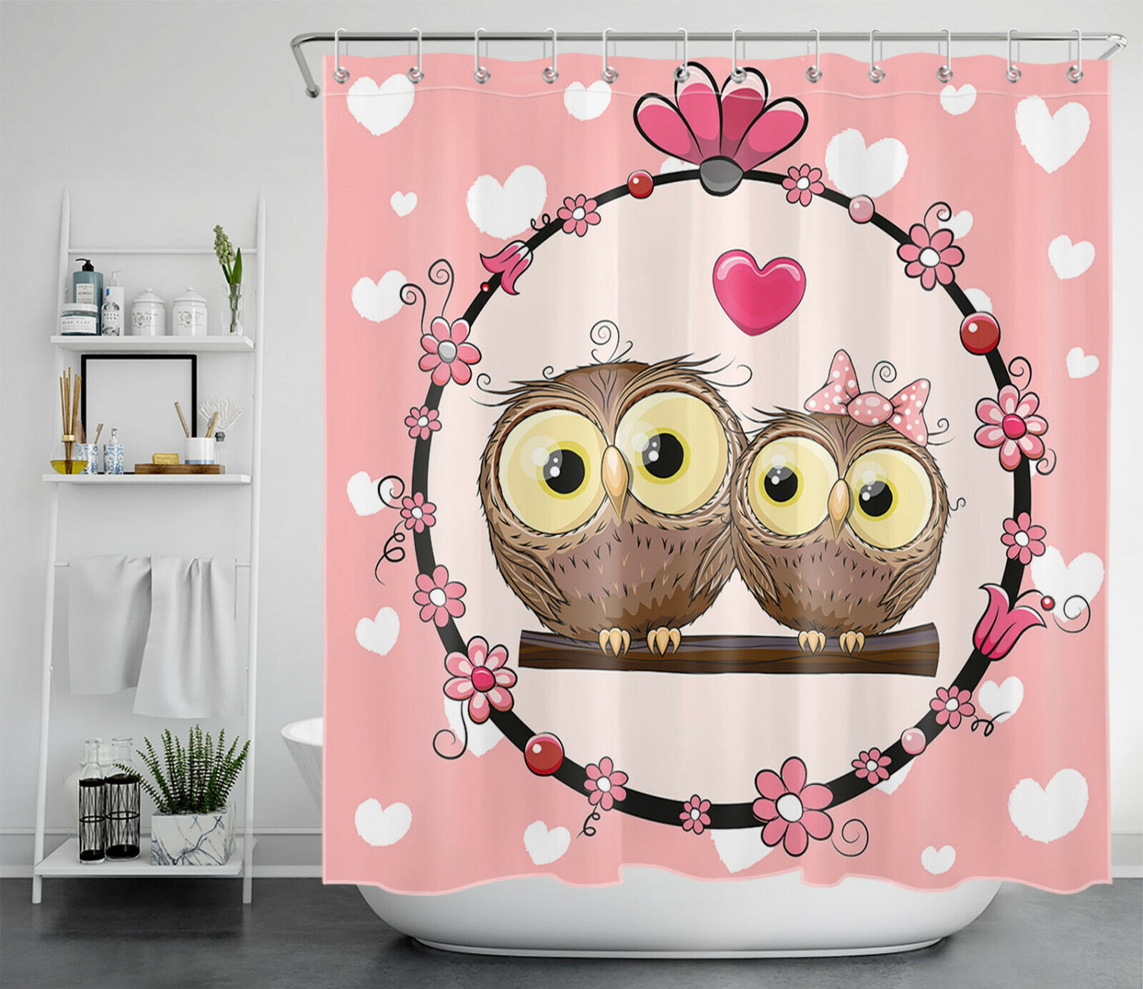 Cute Animals and Owls with Flowers Shower Curtain for Bathroom Decor