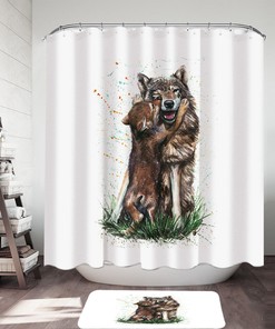 Cute Art Painting Momma Wolf And Her Pup Shower Curtain, Animal Bathroom Decor