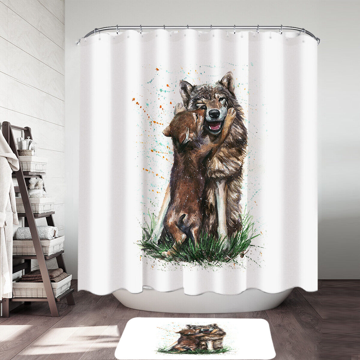 Cute Art Painting Momma Wolf And Her Pup Shower Curtain, Animal Bathroom Decor