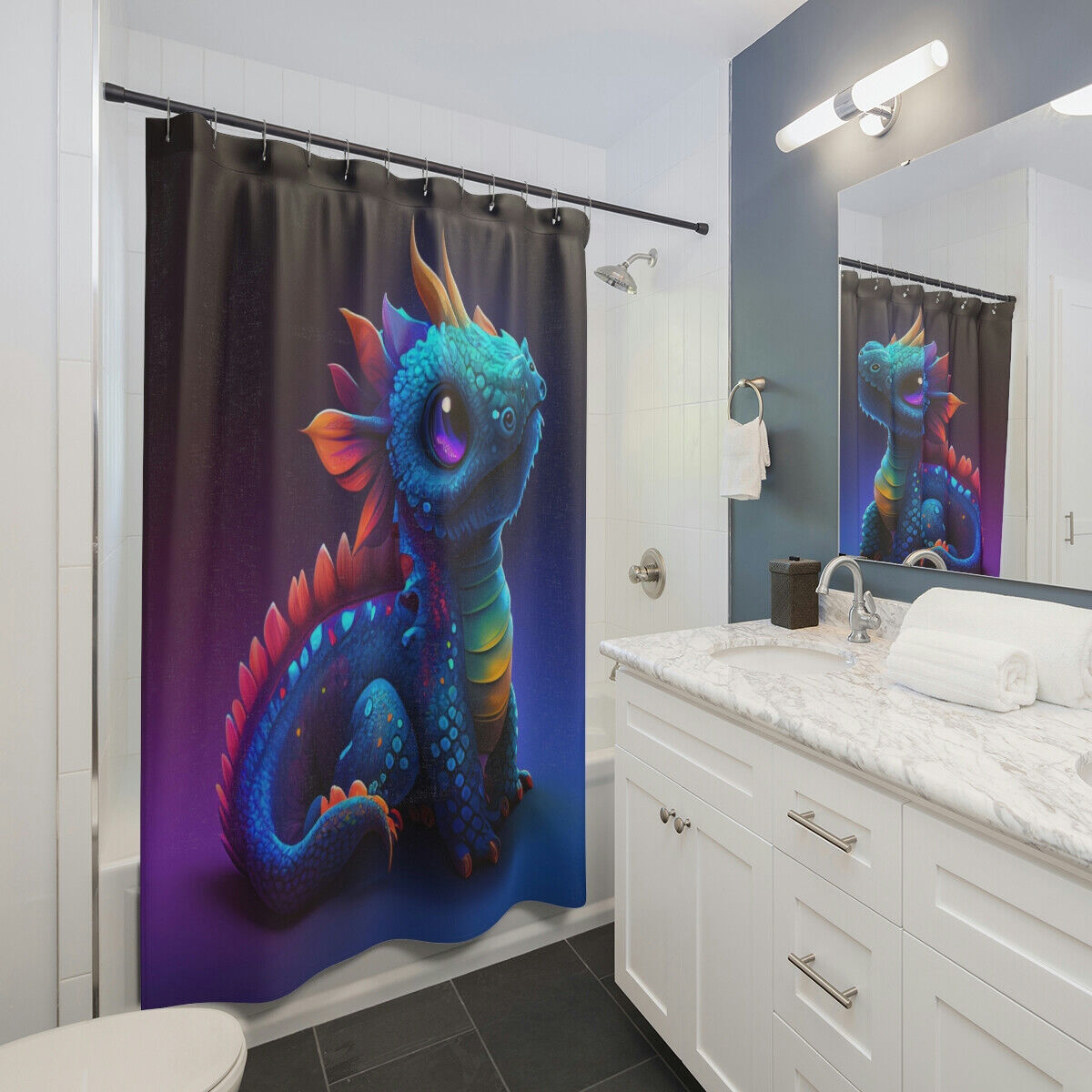 Cute Baby Dragon Printed Shower Curtain In Multiple Colors - Image 2