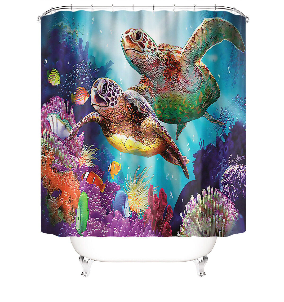 Cute Baby Sea Turtle Design Shower Curtain Waterproof Fabric for Adorable Bathroom Decor