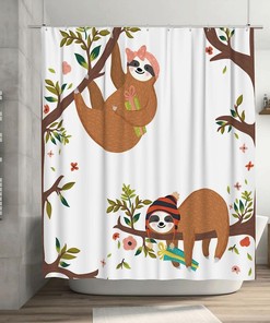 Cute Baby Sloths Shower Curtain Funny Sleeping Gifts, Hipster Boy Girl Hanging Branch Fabric Waterproof Curtain 