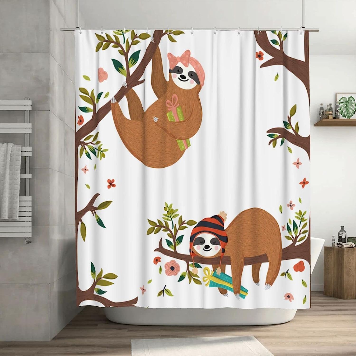 Cute Baby Sloths Shower Curtain Funny Sleeping Gifts, Hipster Boy Girl Hanging Branch Fabric Waterproof Curtain