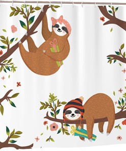 Cute Baby Sloths Shower Curtain Funny Sleeping Gifts, Hipster Boy Girl Hanging Branch Fabric Waterproof Curtain