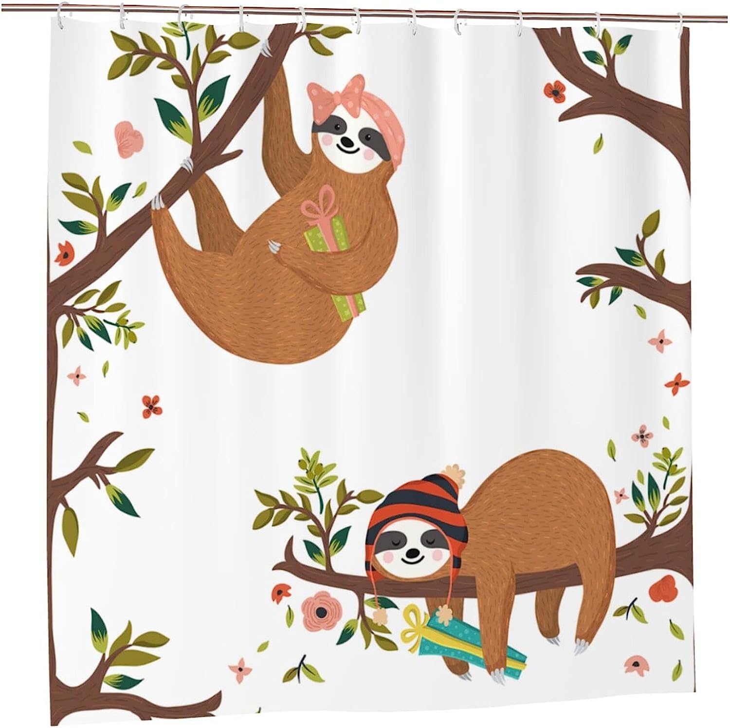 Cute Baby Sloths Shower Curtain Funny Sleeping Gifts, Hipster Boy Girl Hanging Branch Fabric Waterproof Curtain