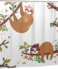 Cute Baby Sloths Shower Curtain Funny Sleeping Gifts, Hipster Boy Girl Hanging Branch Fabric Waterproof Curtain