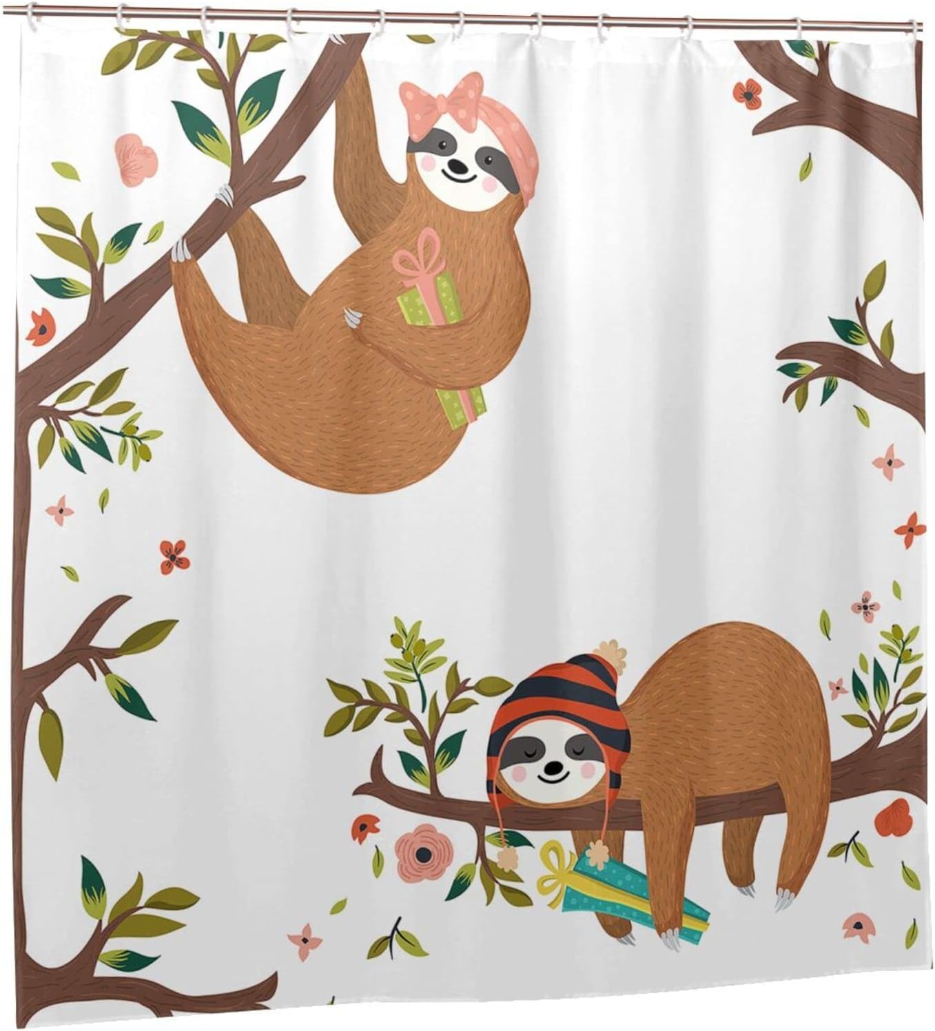 Cute Baby Sloths Shower Curtain Funny Sleeping Gifts, Hipster Boy Girl Hanging Branch Fabric Waterproof Curtain