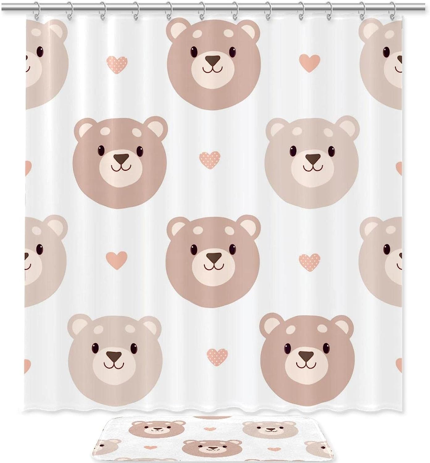 Cute Bear And Heart Printed Waterproof Bathroom Shower Curtain With Custom Name
