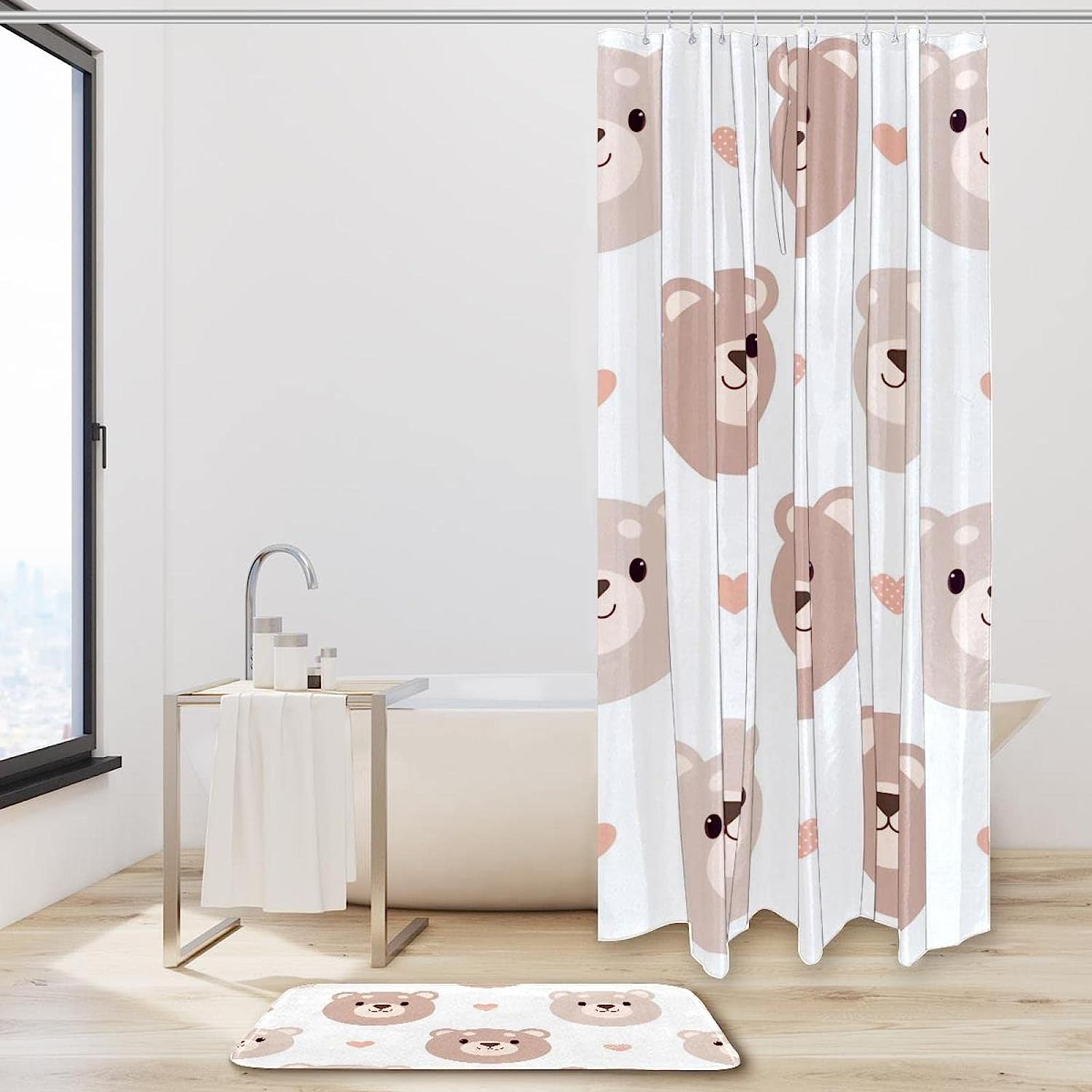 Cute Bear And Heart Printed Waterproof Bathroom Shower Curtain With Custom Name - Image 2