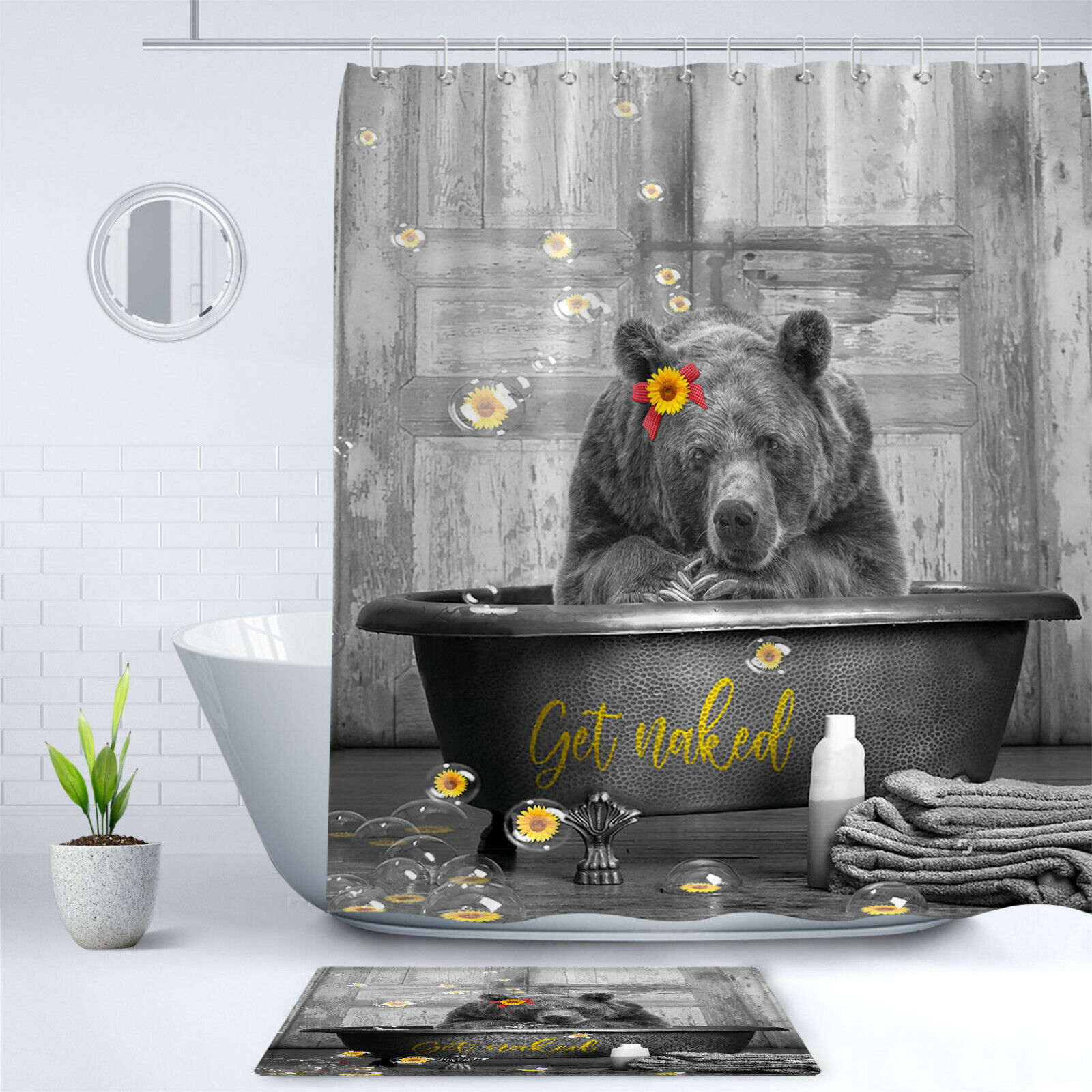 Cute Bear And Sunflowers Print Shower Curtain For Bathtub Lovers