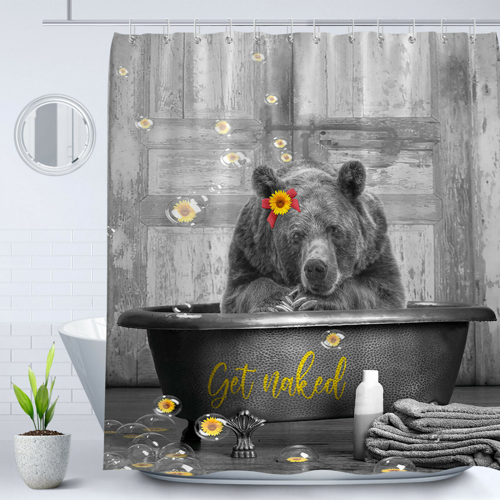 Cute Bear And Sunflowers Print Shower Curtain For Bathtub Lovers