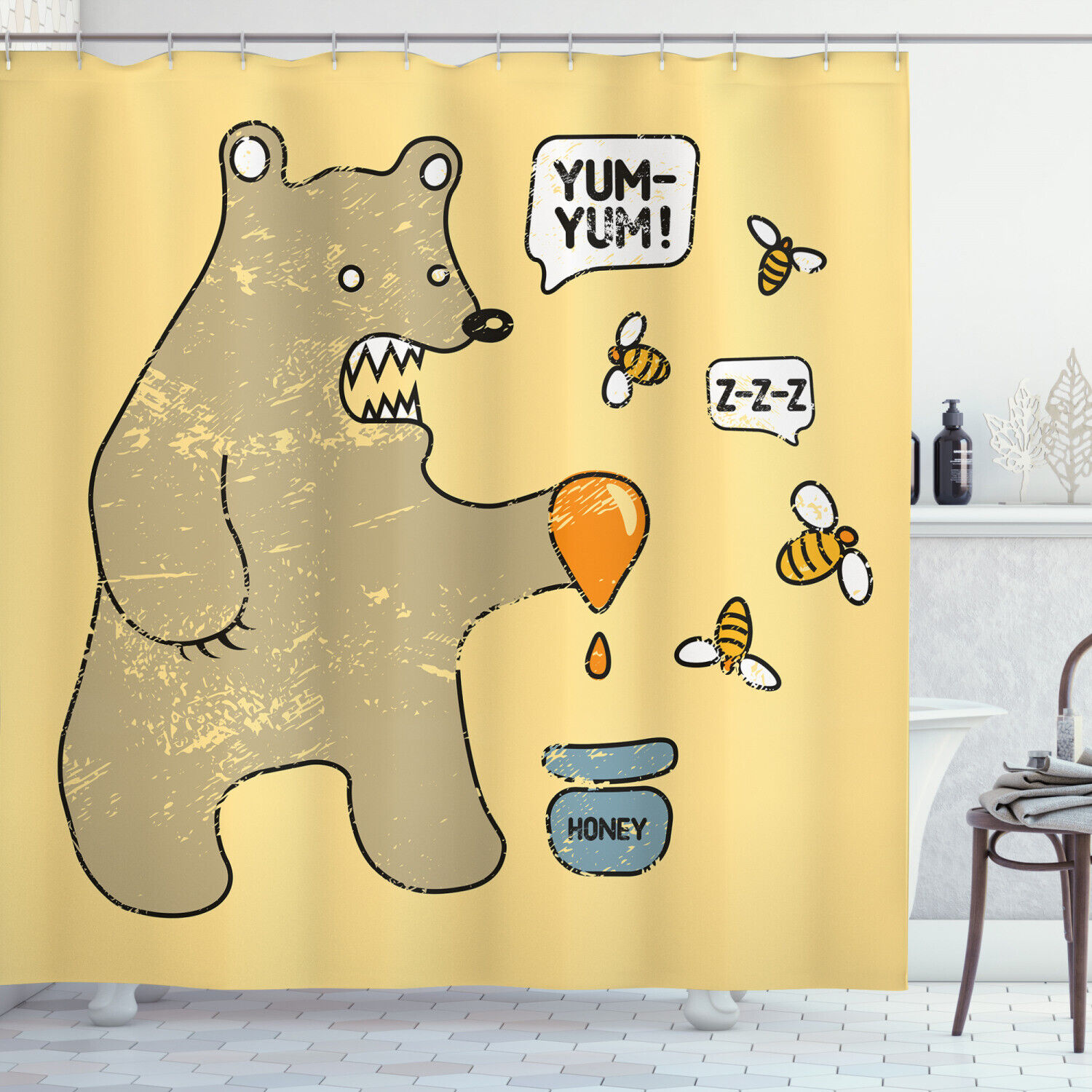 Cute Bear Bees Honey Comic Printed Shower Curtain for Kid's Bathroom Decor- Waterproof and Unique