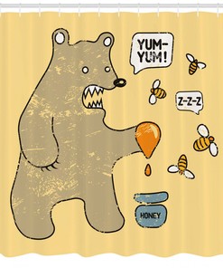 Cute Bear Bees Honey Comic Printed Shower Curtain for Kid's Bathroom Decor- Waterproof and Unique