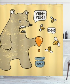 Cute Bear Bees Honey Comic Printed Shower Curtain for Kid's Bathroom Decor- Waterproof and Unique