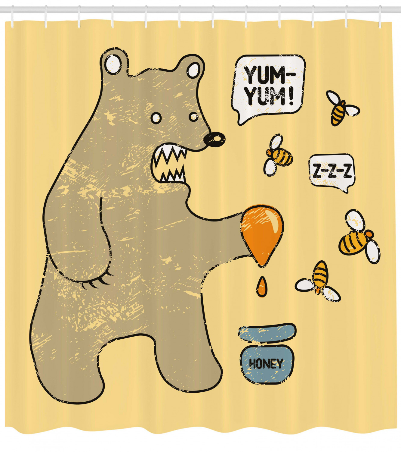 Cute Bear Bees Honey Comic Printed Shower Curtain for Kid's Bathroom Decor- Waterproof and Unique