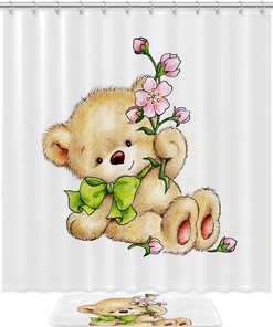 Cute Bear Flower Printed Waterproof Bathroom Shower Curtain With Custom Name, Personalized Curtain