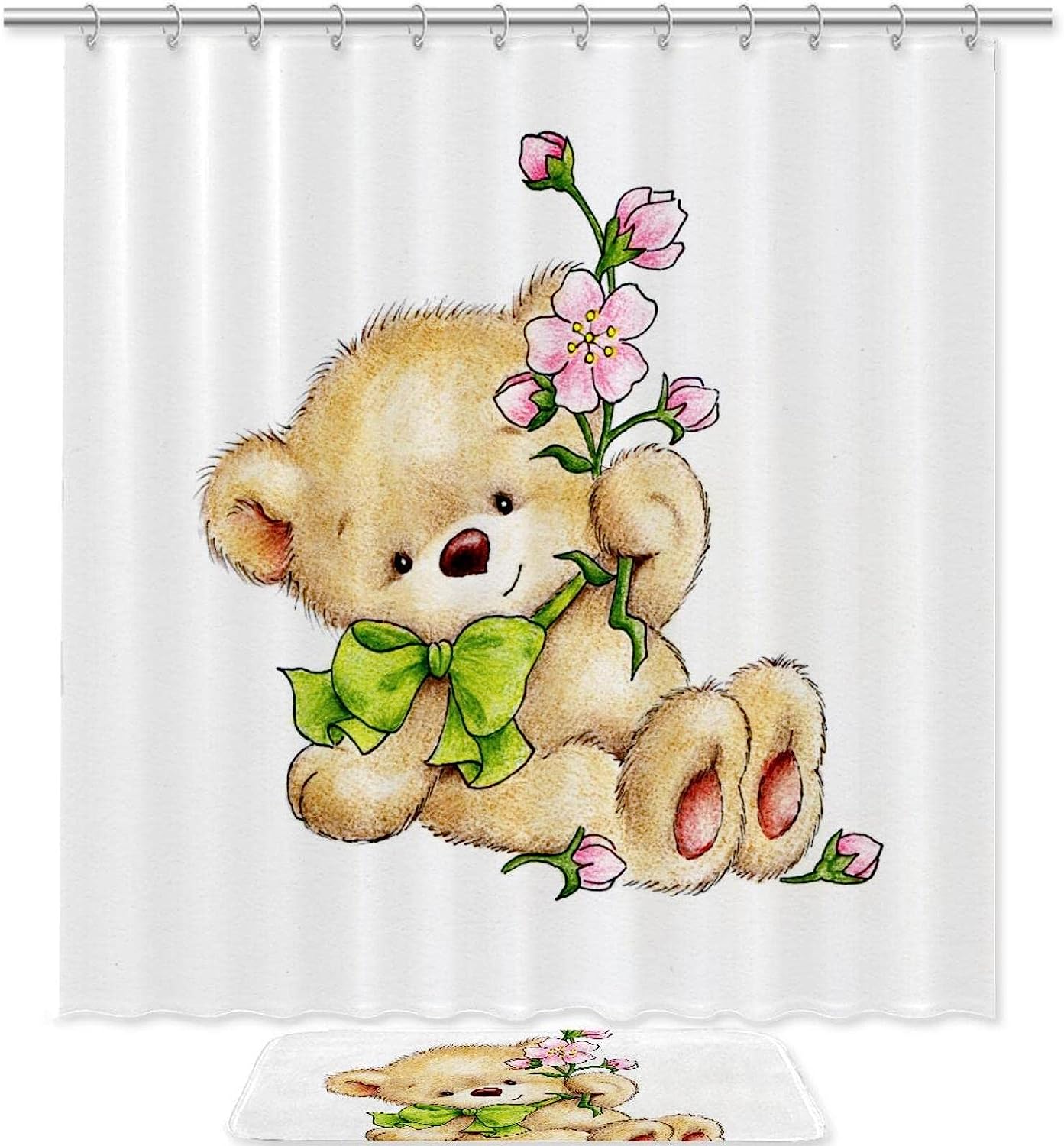 Cute Bear Flower Printed Waterproof Bathroom Shower Curtain With Custom Name, Personalized Curtain
