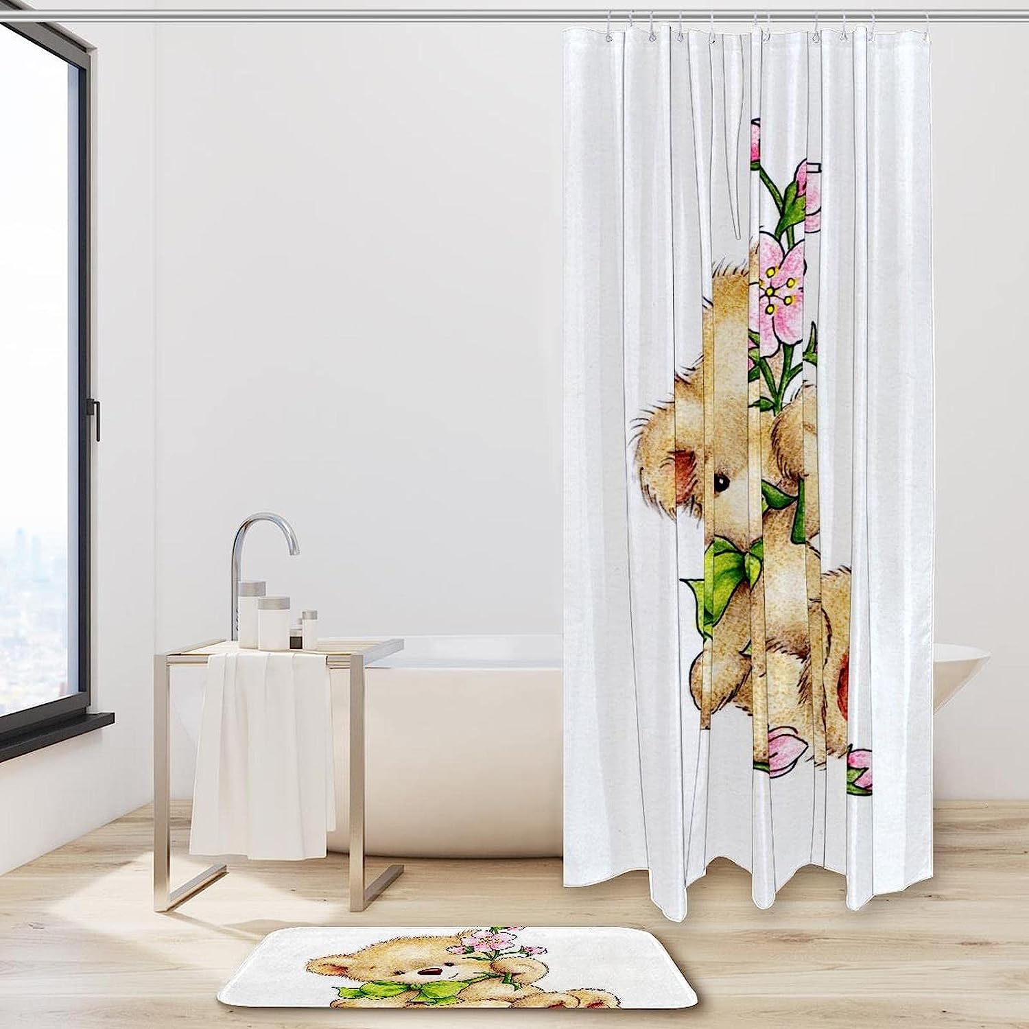 Cute Bear Flower Printed Waterproof Bathroom Shower Curtain With Custom Name, Personalized Curtain - Image 2