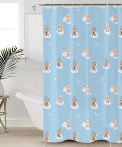 Cute Bear On Clouds Blue Shower Curtain For Bathroom Shower Stalls And Bathtubs Decor, Washable Bath Fabric