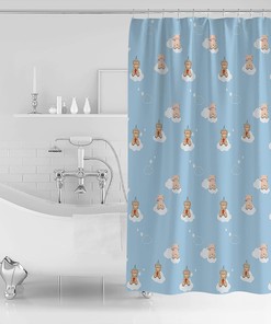 Cute Bear On Clouds Blue Shower Curtain For Bathroom Shower Stalls And Bathtubs Decor, Washable Bath Fabric