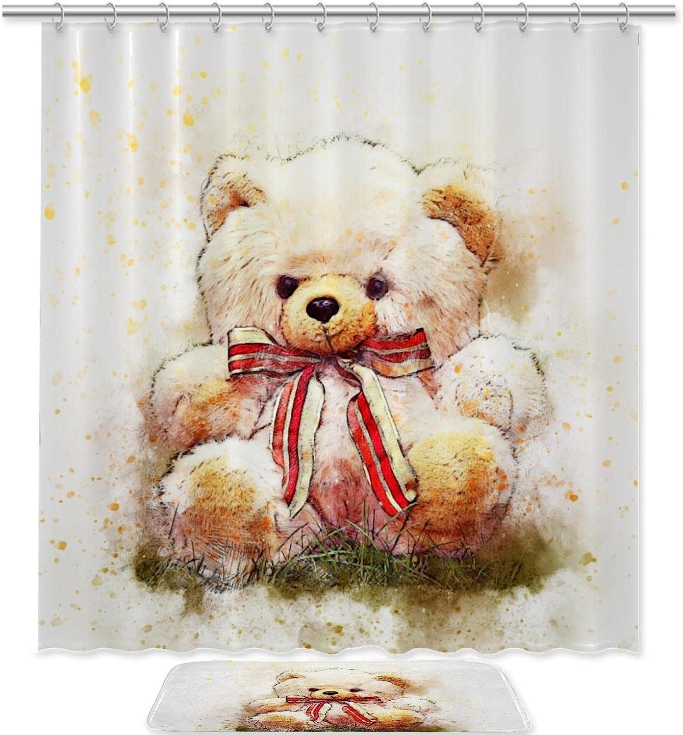Cute Bear Printed Waterproof Bathroom Shower Curtain With Custom Text, Personalized Curtain