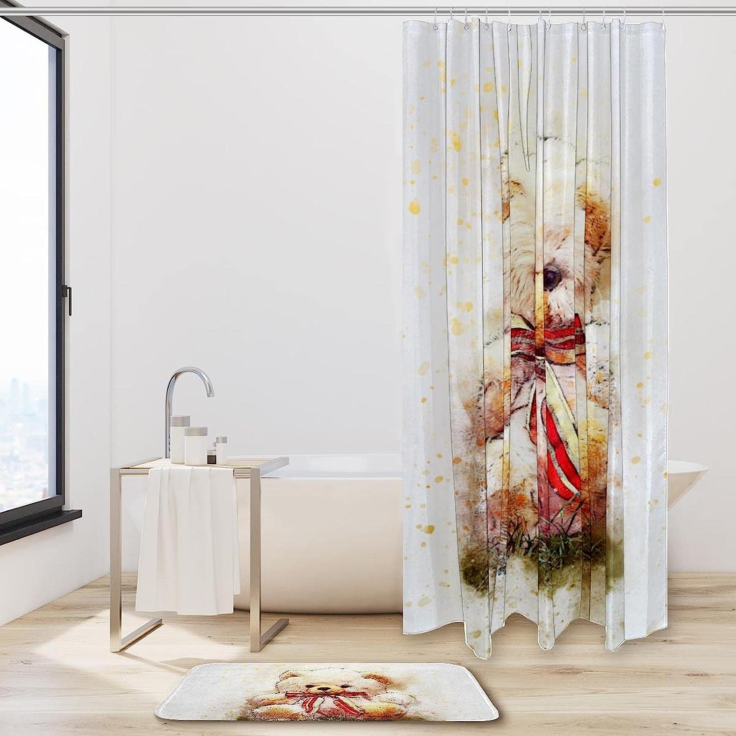Cute Bear Printed Waterproof Bathroom Shower Curtain With Custom Text, Personalized Curtain - Image 2