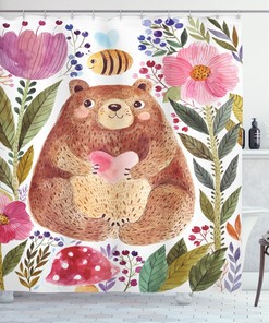 Cute Bear and Bee Art Illustration Shower Curtain for Kids Bathroom