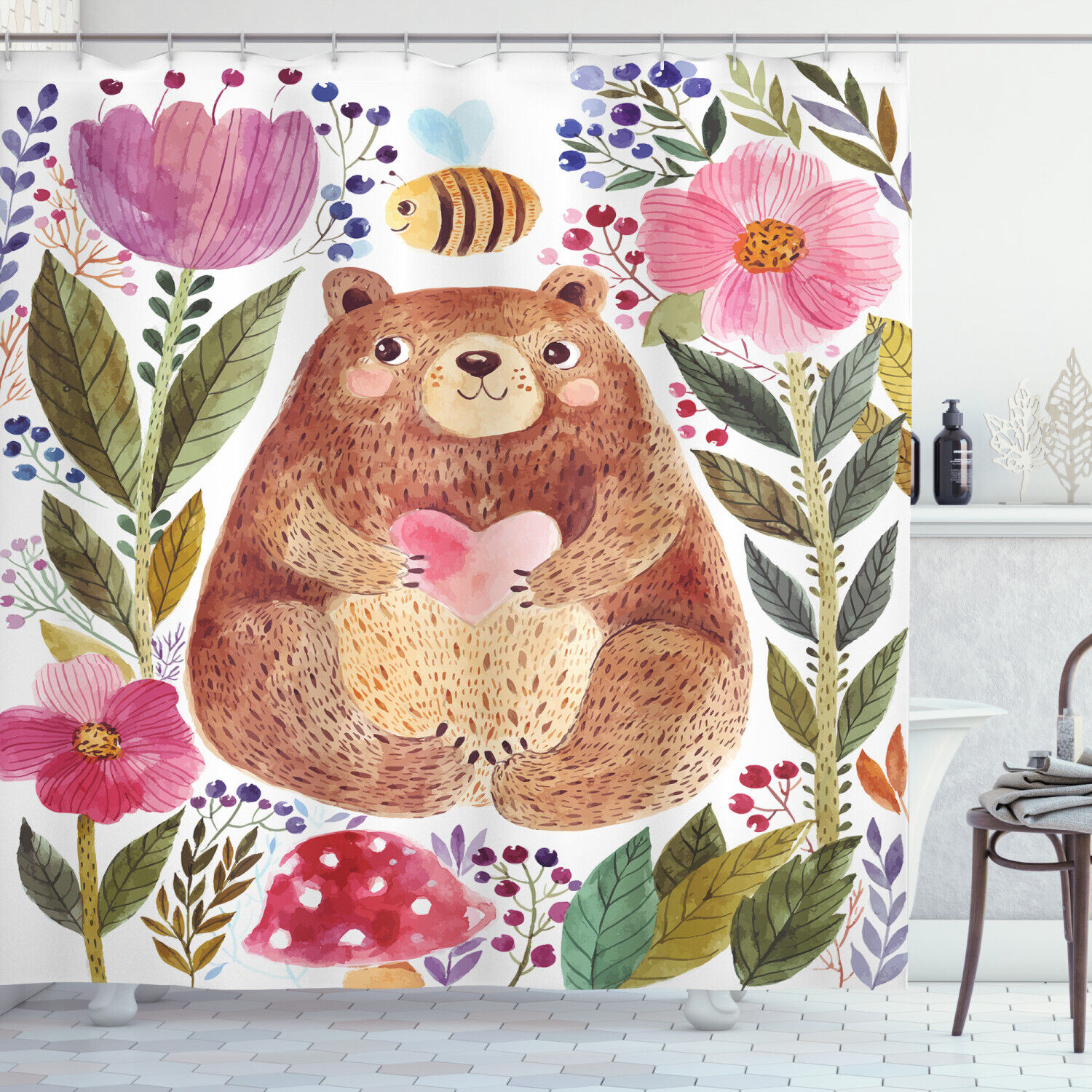 Cute Bear and Bee Art Illustration Shower Curtain for Kids Bathroom