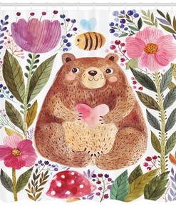 Cute Bear and Bee Art Illustration Shower Curtain for Kids Bathroom