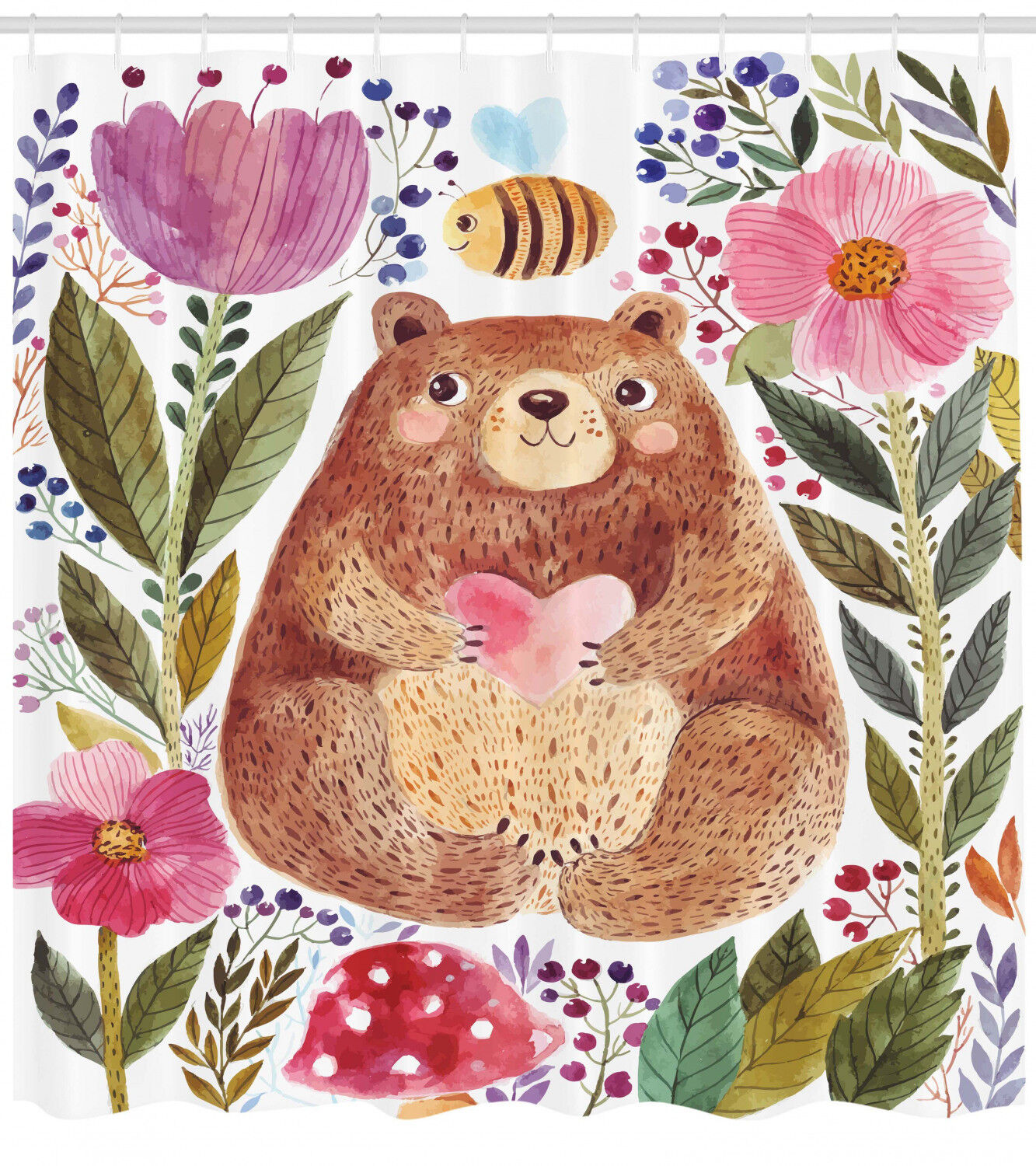 Cute Bear and Bee Art Illustration Shower Curtain for Kids Bathroom