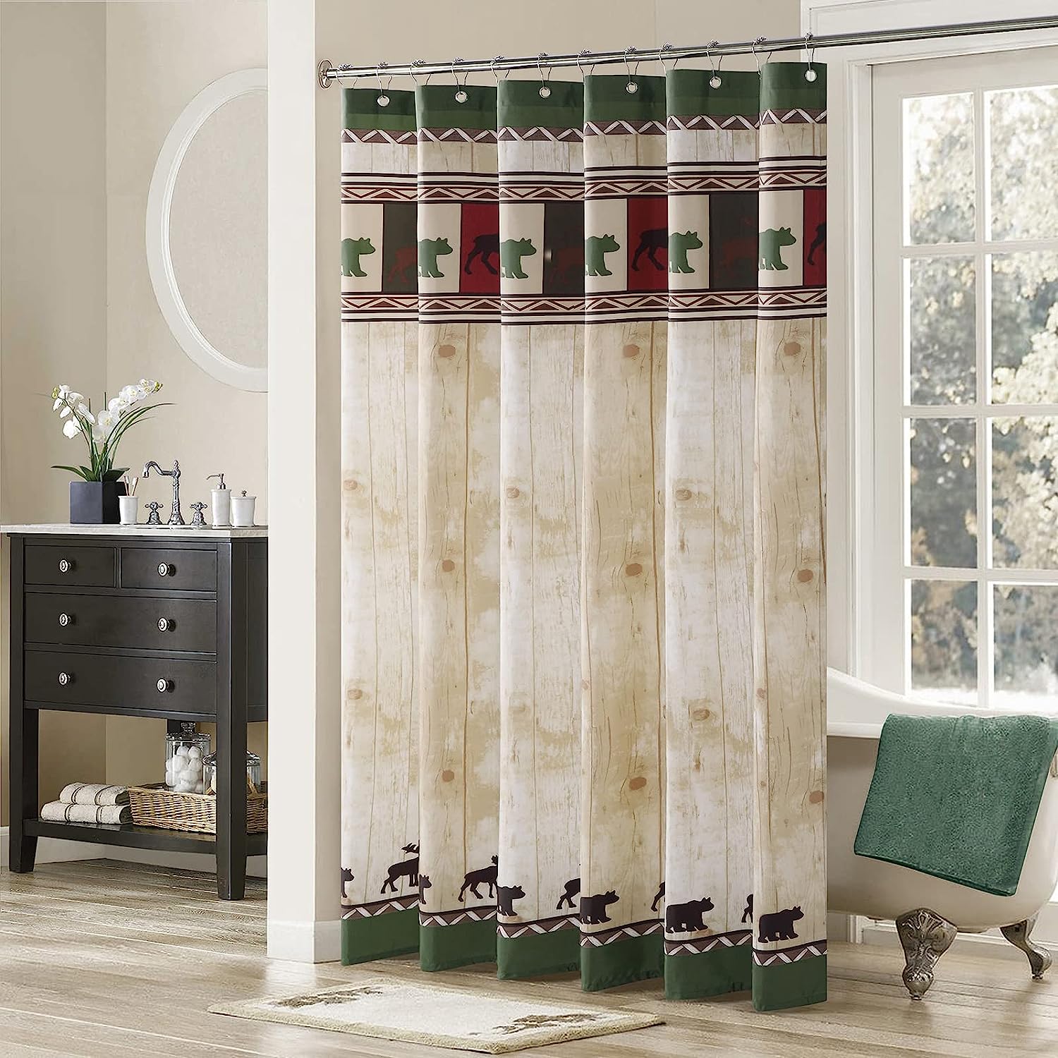 Cute Bear and Deer Shower Curtain, Woodland Vintage Farmhouse Bathroom Decor