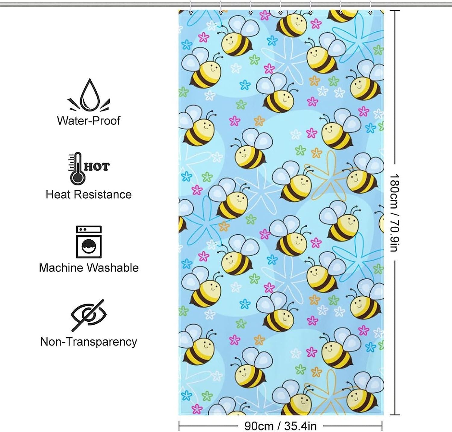 Cute Bees Printed Waterproof Fabric Bath Shower Curtain For Bathroom Bathtubs Hotel, Animal Bathroom Decor - Image 2