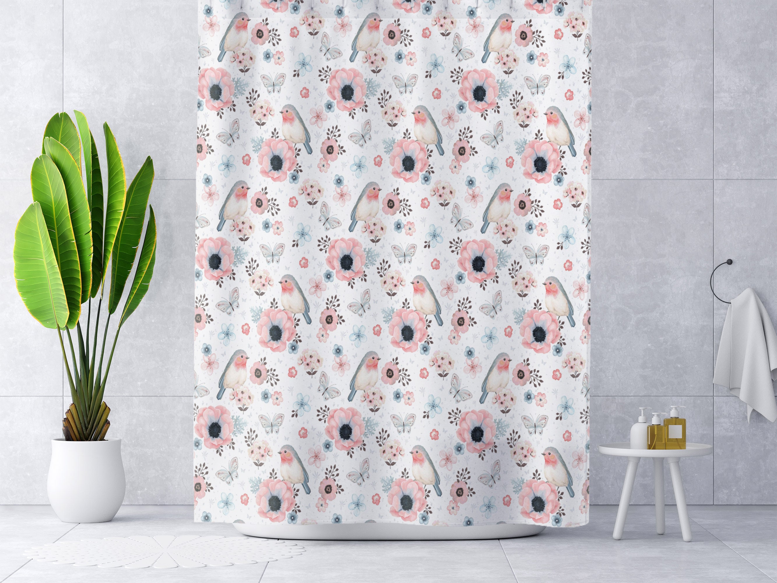Cute Bird Watcher Gift Shower Curtain With Bird Floral Print, Bathroom Accessories