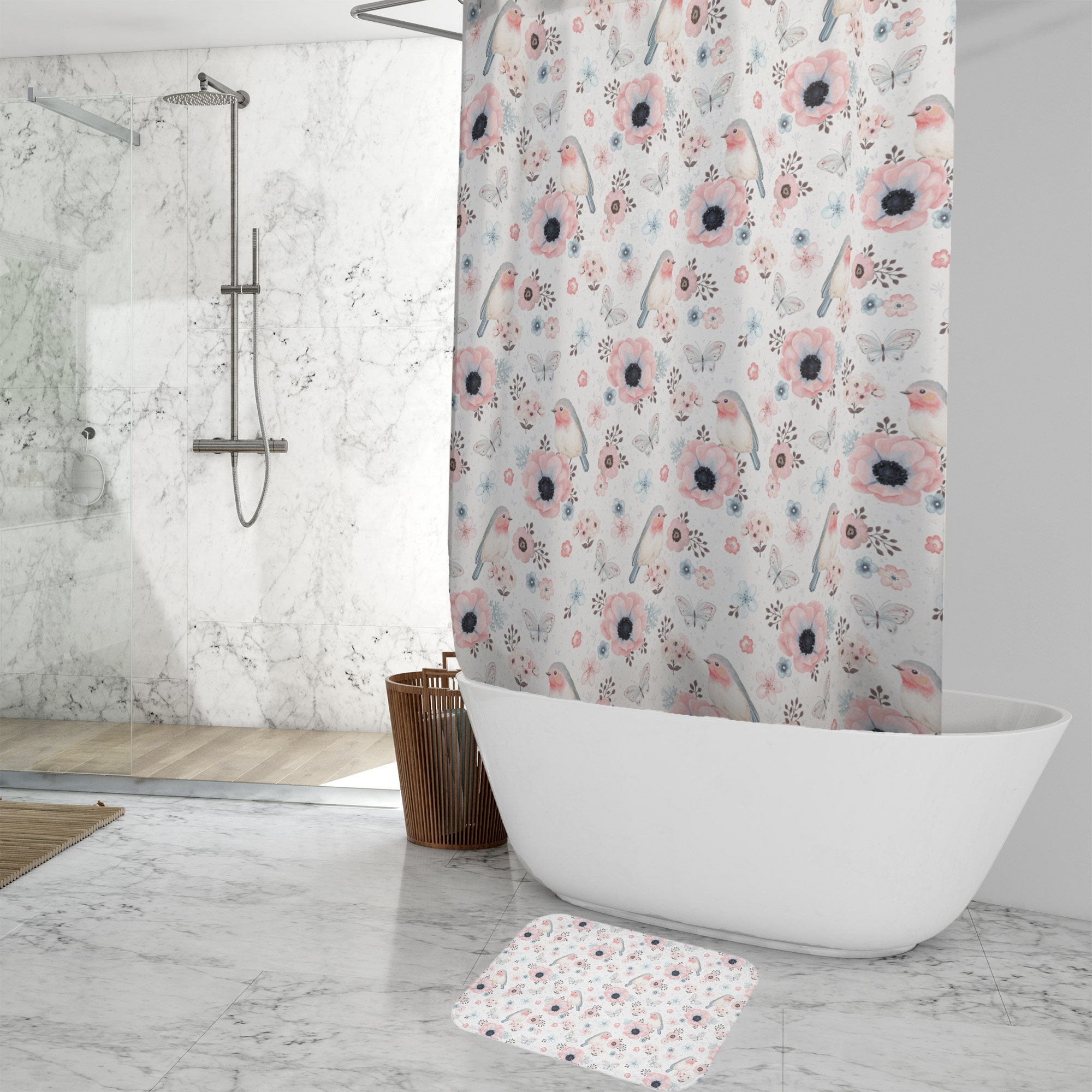 Cute Bird Watcher Gift Shower Curtain With Bird Floral Print, Bathroom Accessories - Image 2