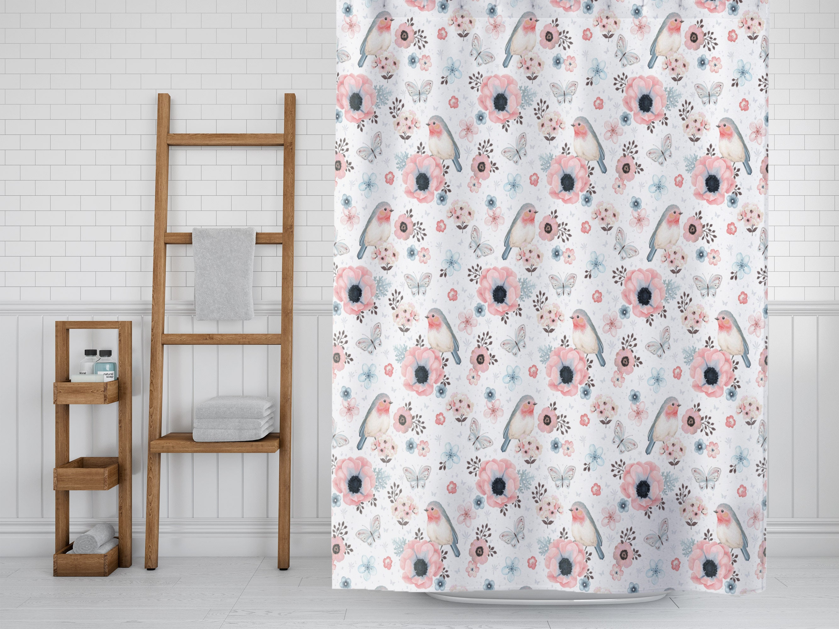 Cute Bird Watcher Gift Shower Curtain With Bird Floral Print, Bathroom Accessories - Image 3