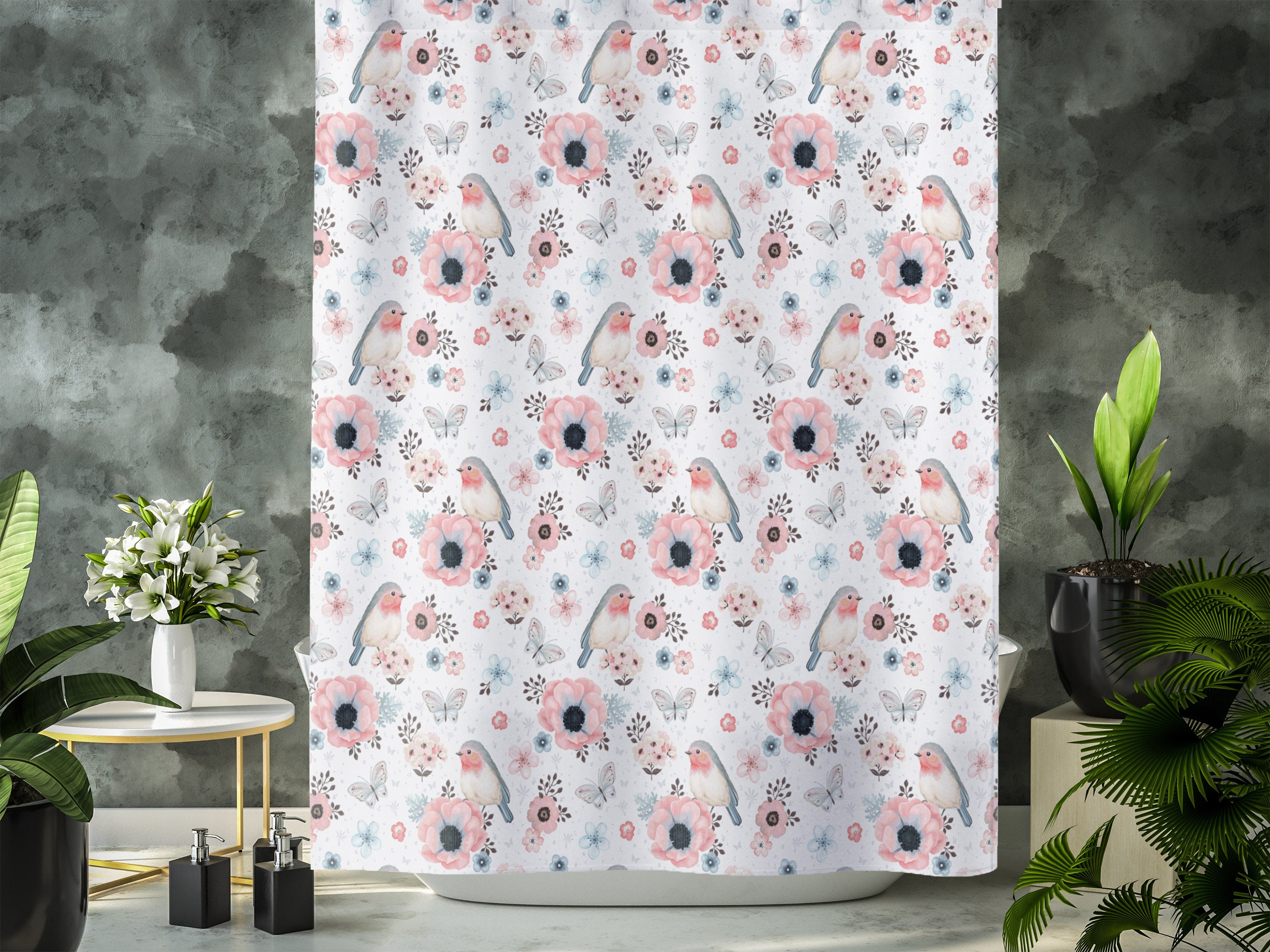 Cute Bird Watcher Gift Shower Curtain With Bird Floral Print, Bathroom Accessories - Image 4